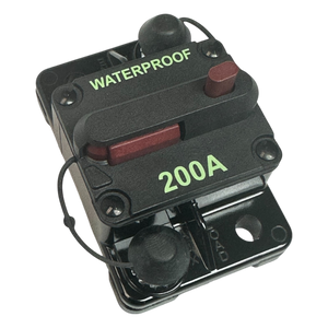 The PIERCE Breaker 200 Amp is a waterproof circuit breaker, featuring a black casing and red switch, ideal for power distribution panels. It includes two mounting holes for easy installation.