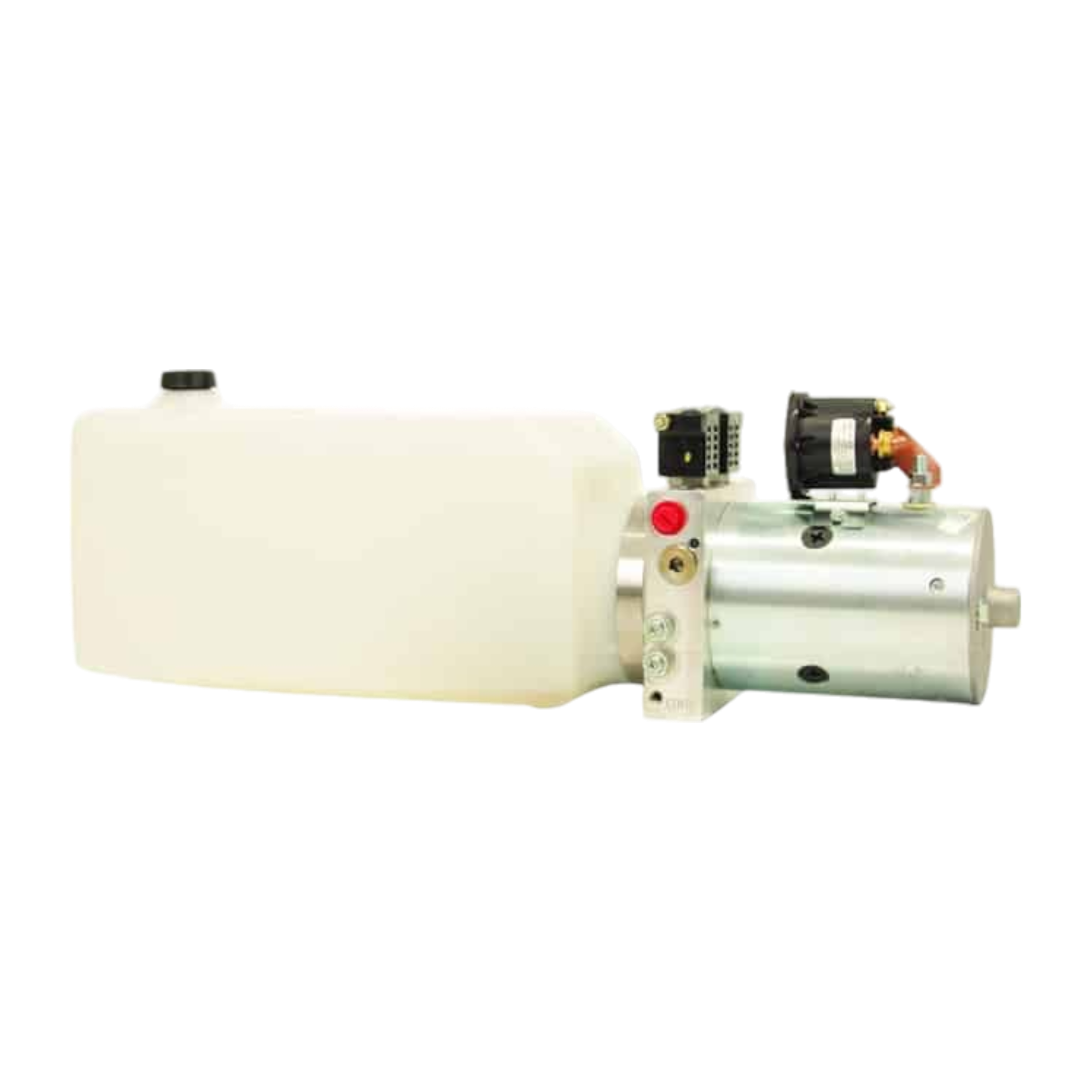 Side view of the Bucher Pump 2 Way, featuring a 2.5-gallon polyurethane reservoir and sturdy metal components, designed for efficient power up and power down operations.