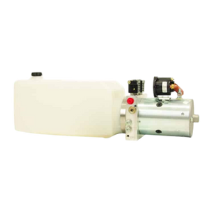 Side view of the Bucher Pump 2 Way, featuring a 2.5-gallon polyurethane reservoir and sturdy metal components, designed for efficient power up and power down operations.