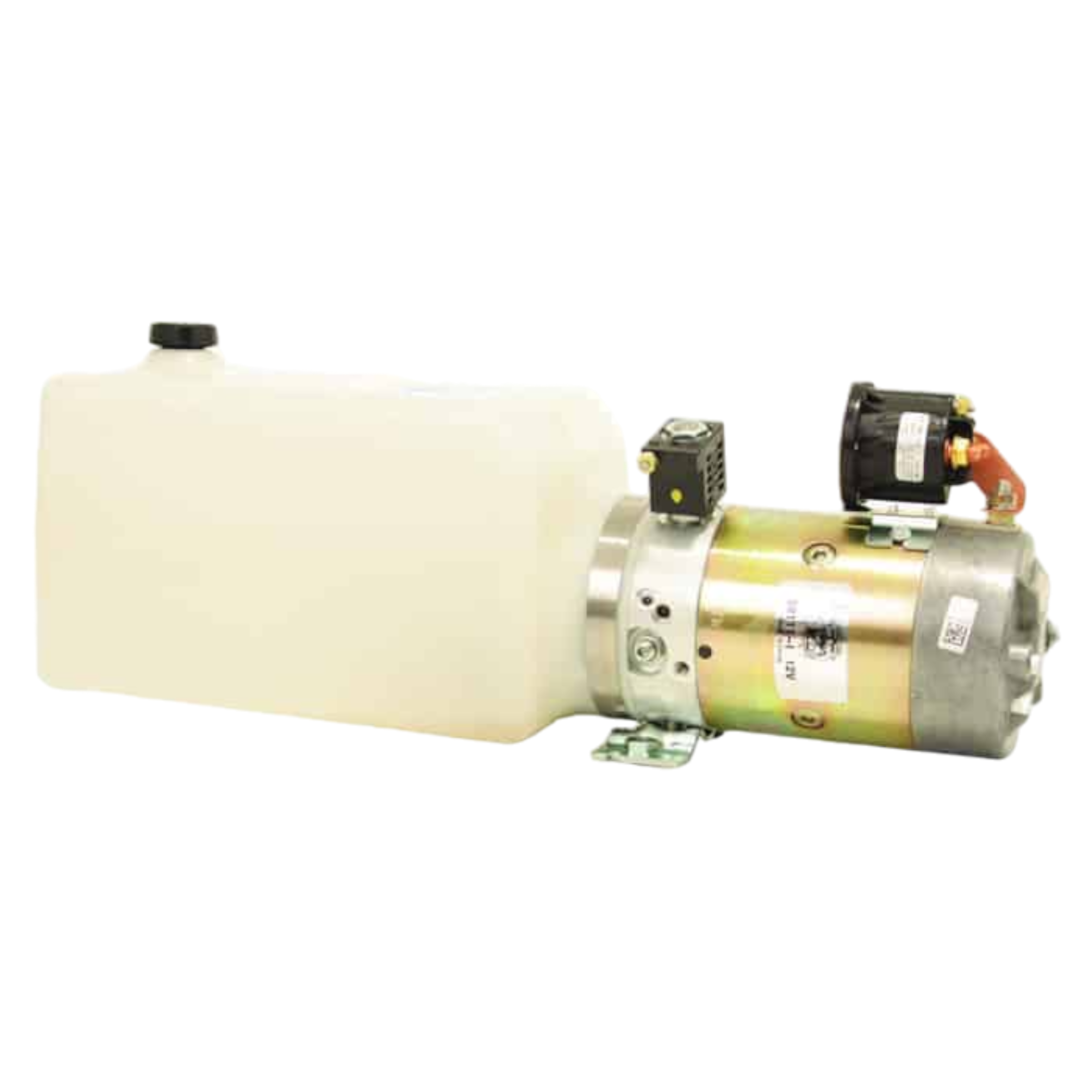 The Bucher Power Up, Gravity Down Pump is a hydraulic power unit with a white fluid reservoir and metallic components, featuring a Bucher pump for superior performance.