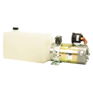 The Bucher Power Up, Gravity Down Pump is a hydraulic power unit with a white fluid reservoir and metallic components, featuring a Bucher pump for superior performance.