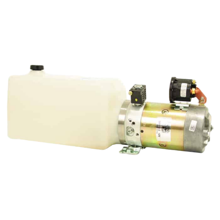 The Bucher Power Up, Gravity Down Pump is a hydraulic power unit with a white fluid reservoir and metallic components, featuring a Bucher pump for superior performance.