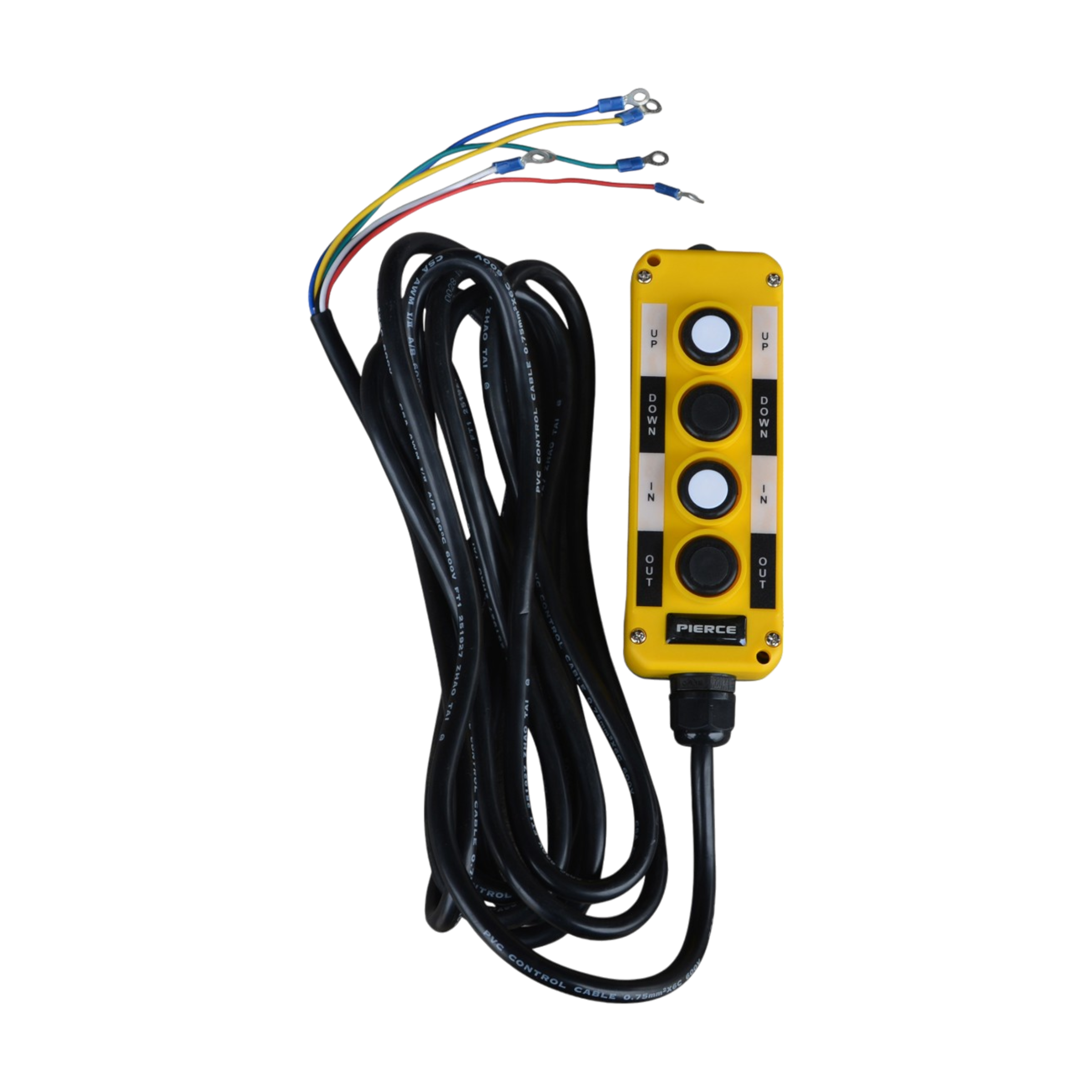 The PIERCE Universal Momentary Pendant Control, featuring four black buttons and brightly colored wires, is designed for solenoid-operated equipment. This yellow wired remote control with a 20ft cord and magnets stands out against the black background.