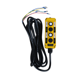 The PIERCE Universal Momentary Pendant Control, featuring four black buttons and brightly colored wires, is designed for solenoid-operated equipment. This yellow wired remote control with a 20ft cord and magnets stands out against the black background.