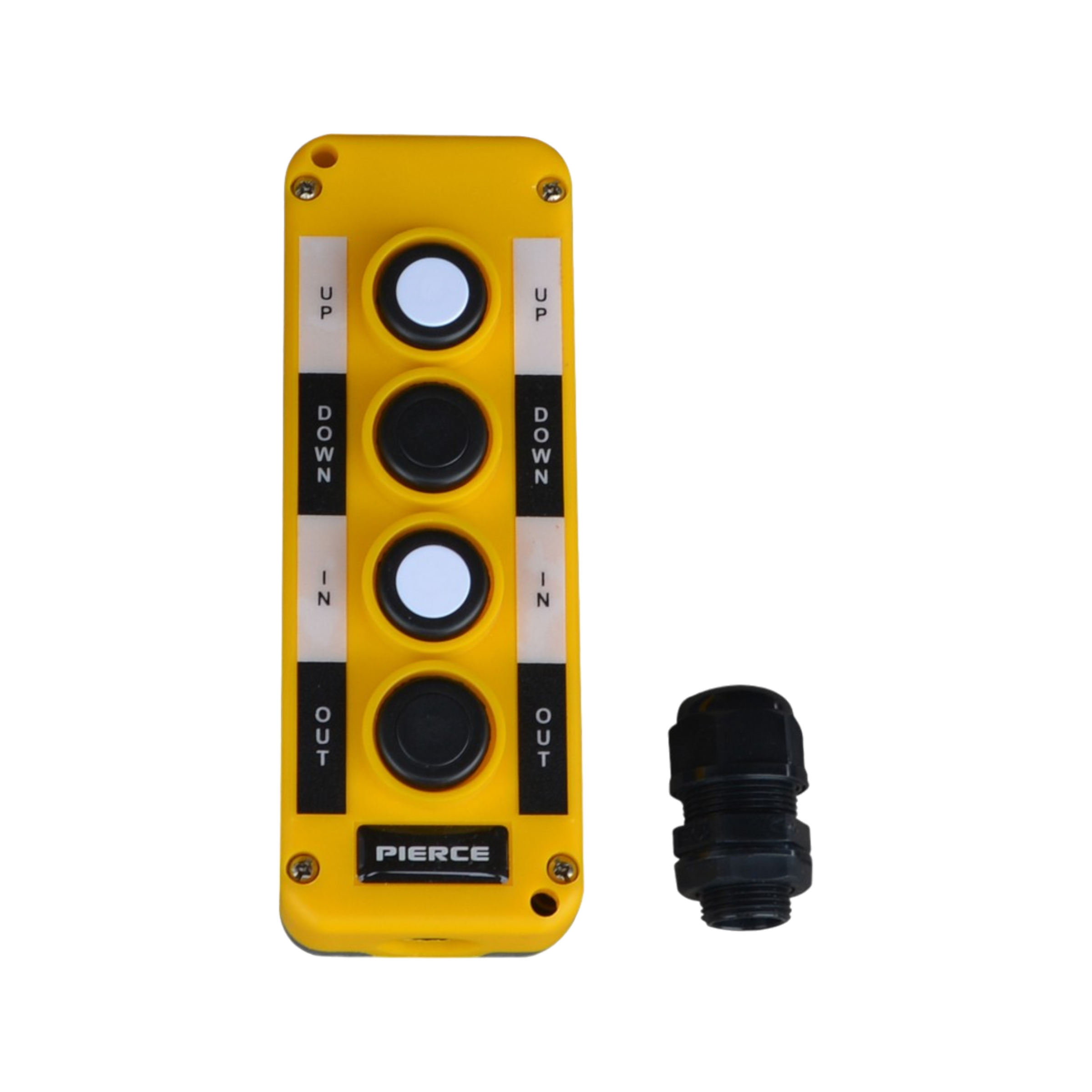 The PIERCE Universal Momentary Pendant Control comes in a yellow design and includes four buttons labeled UP, DOWN, IN, and OUT alongside a cable connector. It features a 20ft cord and can be used effectively with solenoid-operated equipment.