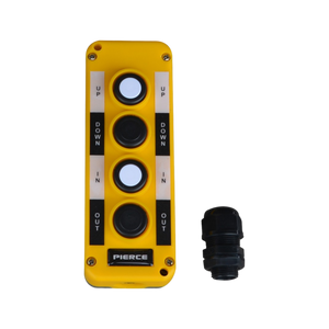 The PIERCE Universal Momentary Pendant Control comes in a yellow design and includes four buttons labeled UP, DOWN, IN, and OUT alongside a cable connector. It features a 20ft cord and can be used effectively with solenoid-operated equipment.