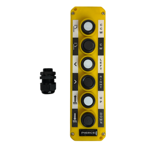 The Universal Momentary Pendant Control - 6 Button by PIERCE features a yellow design with black and white buttons for directional commands, making it ideal for industrial applications. An independent knob on the side enhances precision.