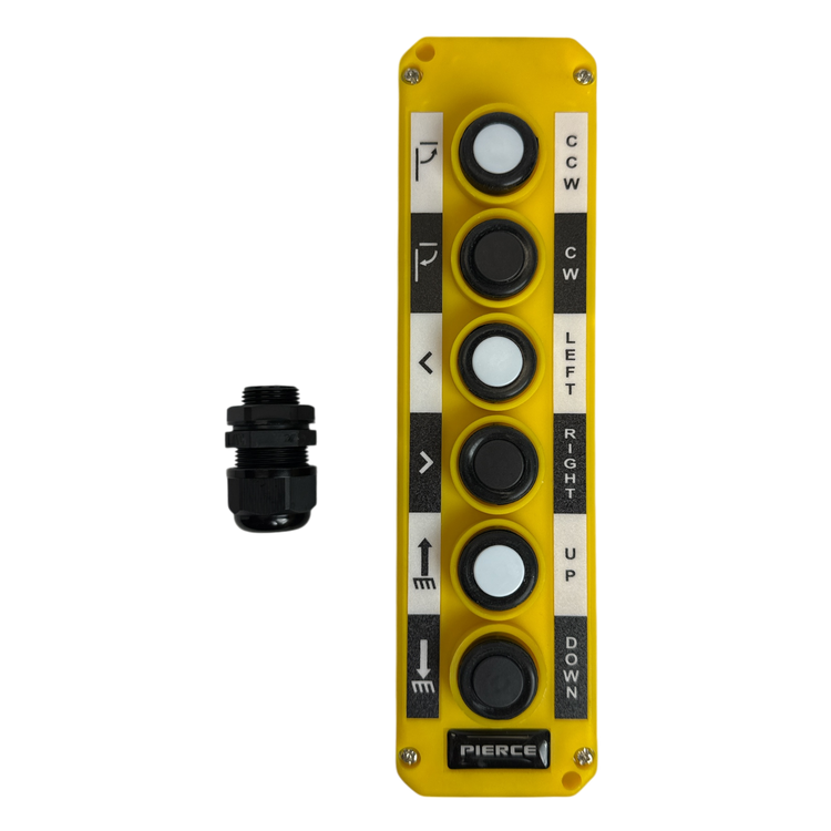 The Universal Momentary Pendant Control - 6 Button by PIERCE features a yellow design with black and white buttons for directional commands, making it ideal for industrial applications. An independent knob on the side enhances precision.