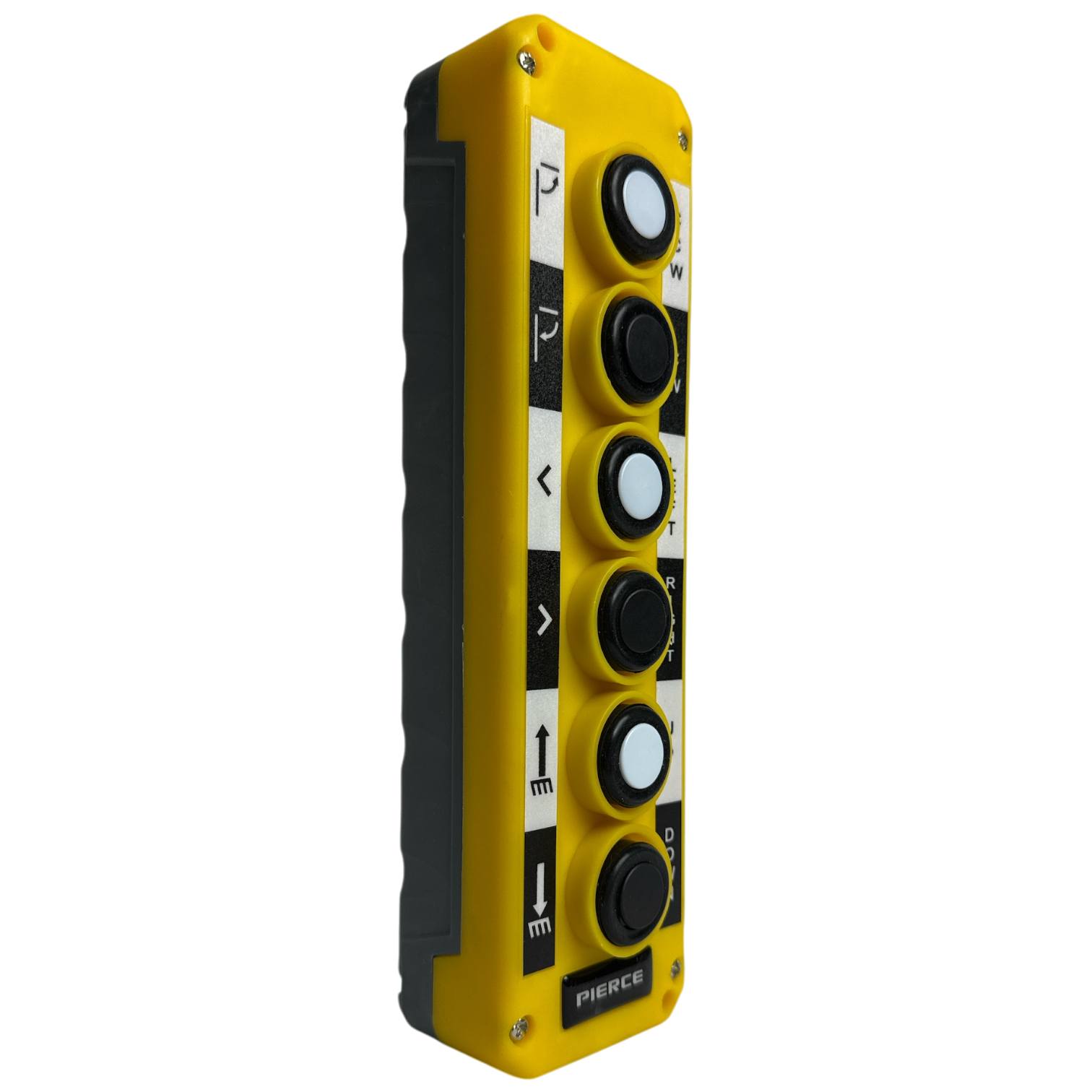 The PIERCE Universal Momentary Pendant Control - 6 Button features a yellow control panel with five black and white directional arrow buttons, making it perfect for industrial pendant control applications.