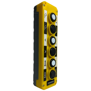 The PIERCE Universal Momentary Pendant Control - 6 Button features a yellow control panel with five black and white directional arrow buttons, making it perfect for industrial pendant control applications.