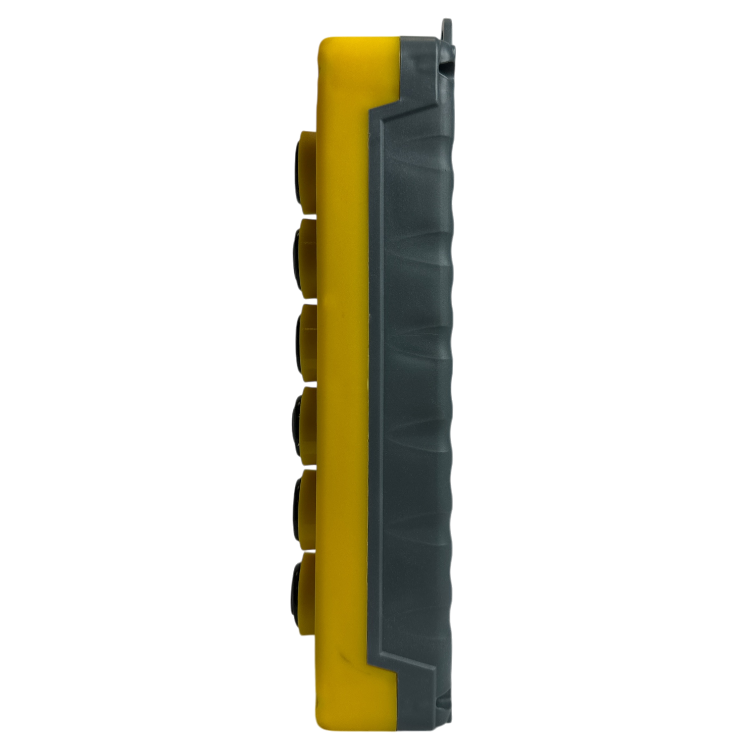 Side view of the rugged Universal Momentary Pendant Control - 6 Button by PIERCE, featuring a yellow and black design with multiple buttons, perfect for industrial uses such as controlling hydraulic power units.