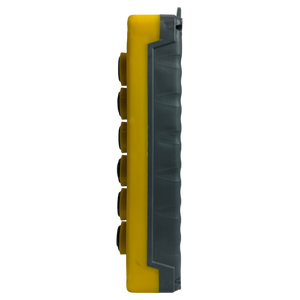 Side view of the rugged Universal Momentary Pendant Control - 6 Button by PIERCE, featuring a yellow and black design with multiple buttons, perfect for industrial uses such as controlling hydraulic power units.