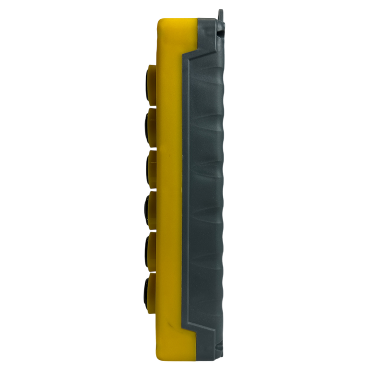 Side view of the rugged Universal Momentary Pendant Control - 6 Button by PIERCE, featuring a yellow and black design with multiple buttons, perfect for industrial uses such as controlling hydraulic power units.