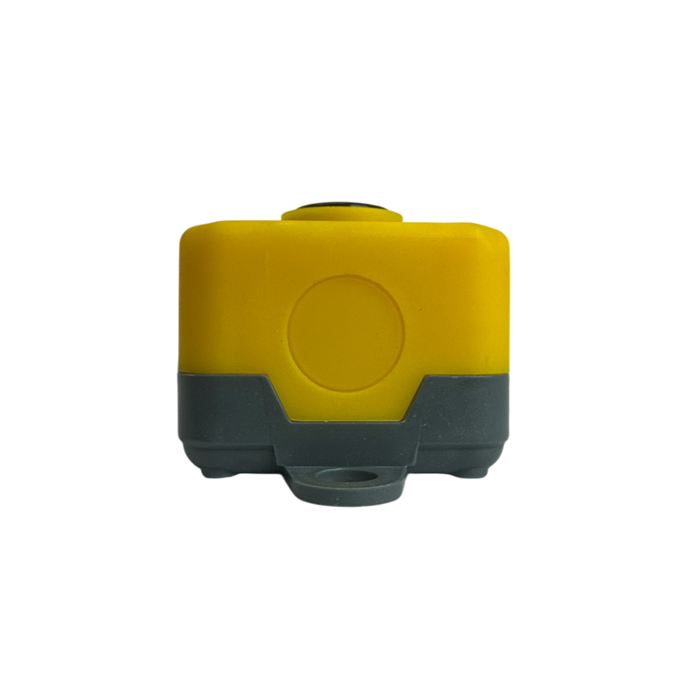 PIERCE Universal Momentary Pendant Control - 6 Button, featuring a yellow and gray rectangular design for industrial applications, displayed on a black background.