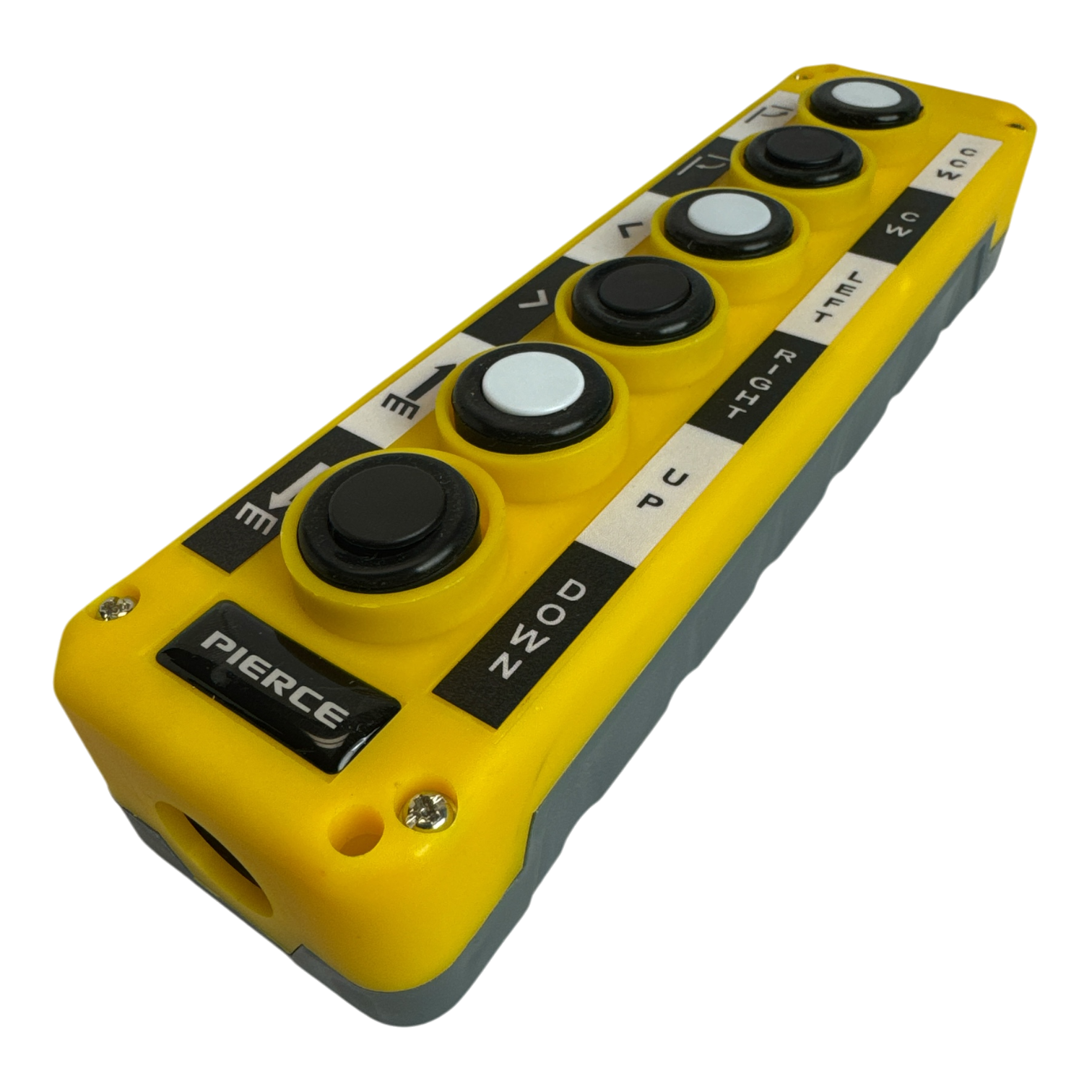 The Universal Momentary Pendant Control - 6 Button by PIERCE is a yellow control panel featuring six black and white buttons labeled with letters and numbers. It is designed for industrial applications, making it perfectly suited for managing pendant control systems or hydraulic power units.