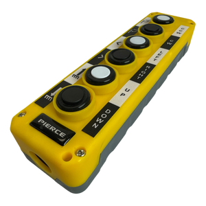 The Universal Momentary Pendant Control - 6 Button by PIERCE is a yellow control panel featuring six black and white buttons labeled with letters and numbers. It is designed for industrial applications, making it perfectly suited for managing pendant control systems or hydraulic power units.