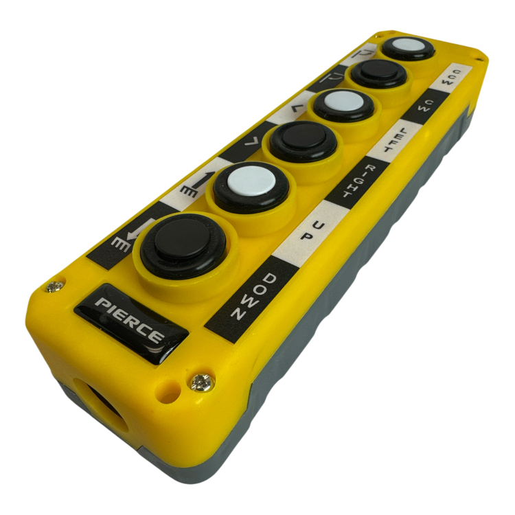 The Universal Momentary Pendant Control - 6 Button by PIERCE is a yellow control panel featuring six black and white buttons labeled with letters and numbers. It is designed for industrial applications, making it perfectly suited for managing pendant control systems or hydraulic power units.