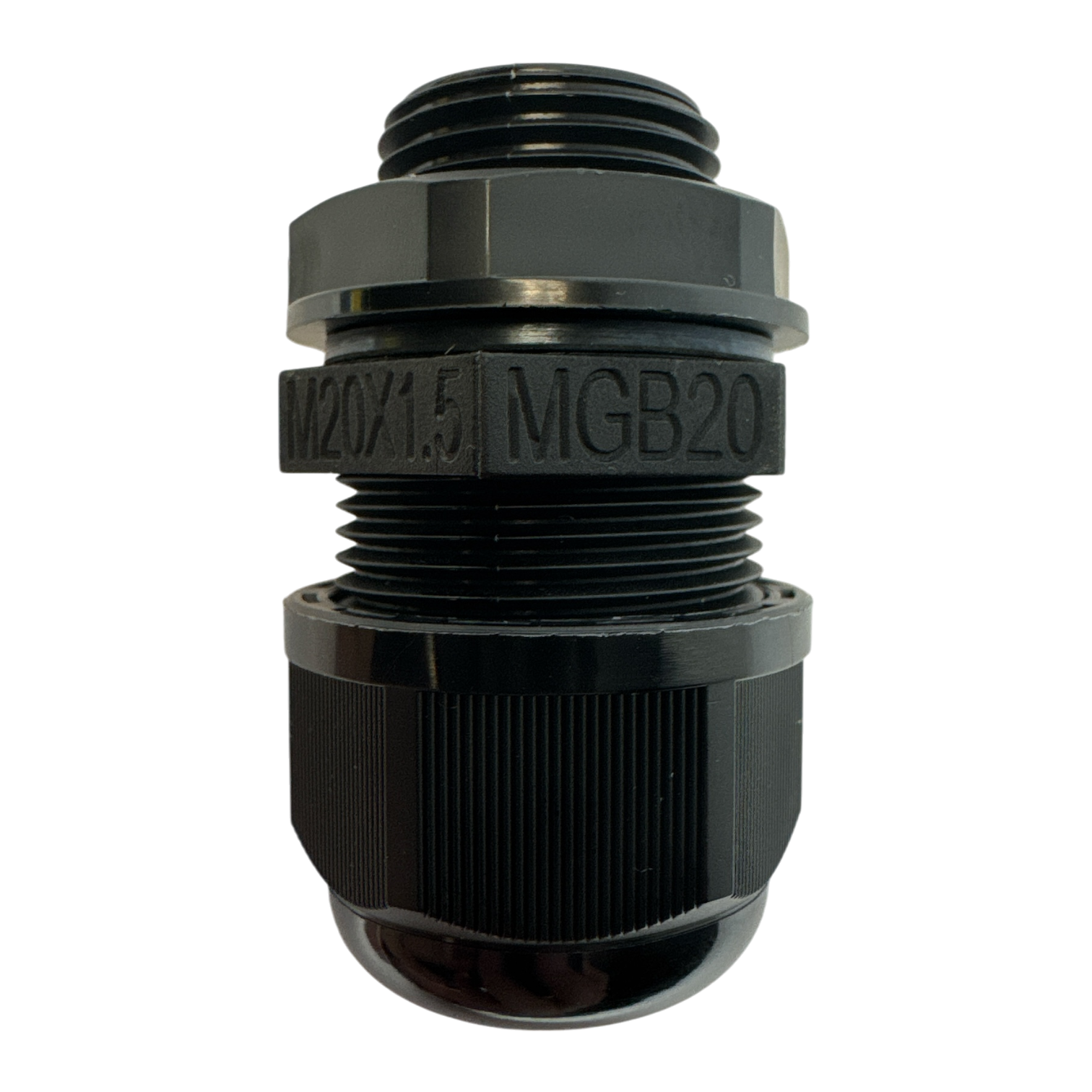 On a black background, there is a close-up of a black cable gland marked with M20X1.5 MGB20, which is commonly utilized in industrial settings like the PIERCE Universal Momentary Pendant Control - 6 Button.