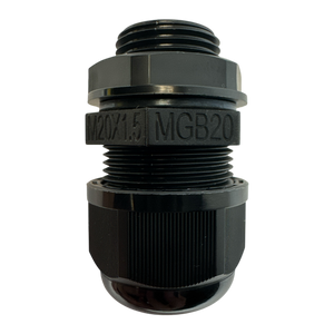 On a black background, there is a close-up of a black cable gland marked with M20X1.5 MGB20, which is commonly utilized in industrial settings like the PIERCE Universal Momentary Pendant Control - 6 Button.