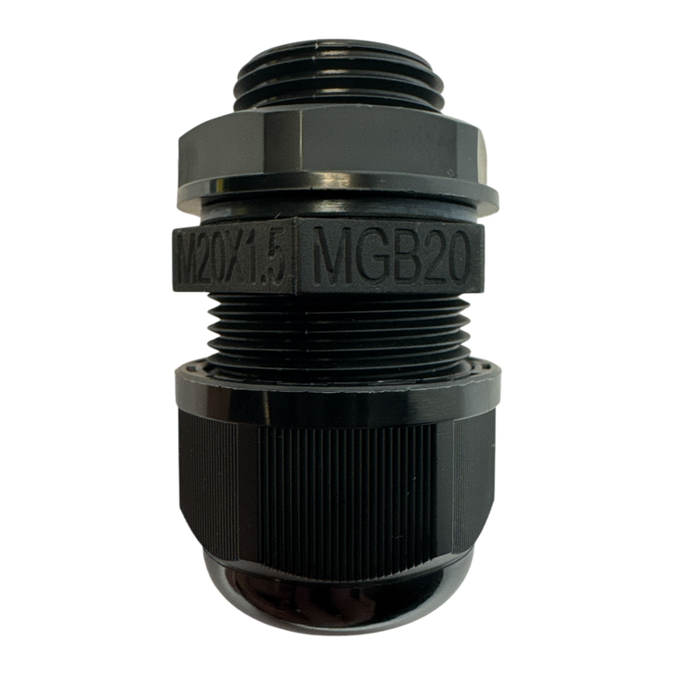 On a black background, there is a close-up of a black cable gland marked with M20X1.5 MGB20, which is commonly utilized in industrial settings like the PIERCE Universal Momentary Pendant Control - 6 Button.