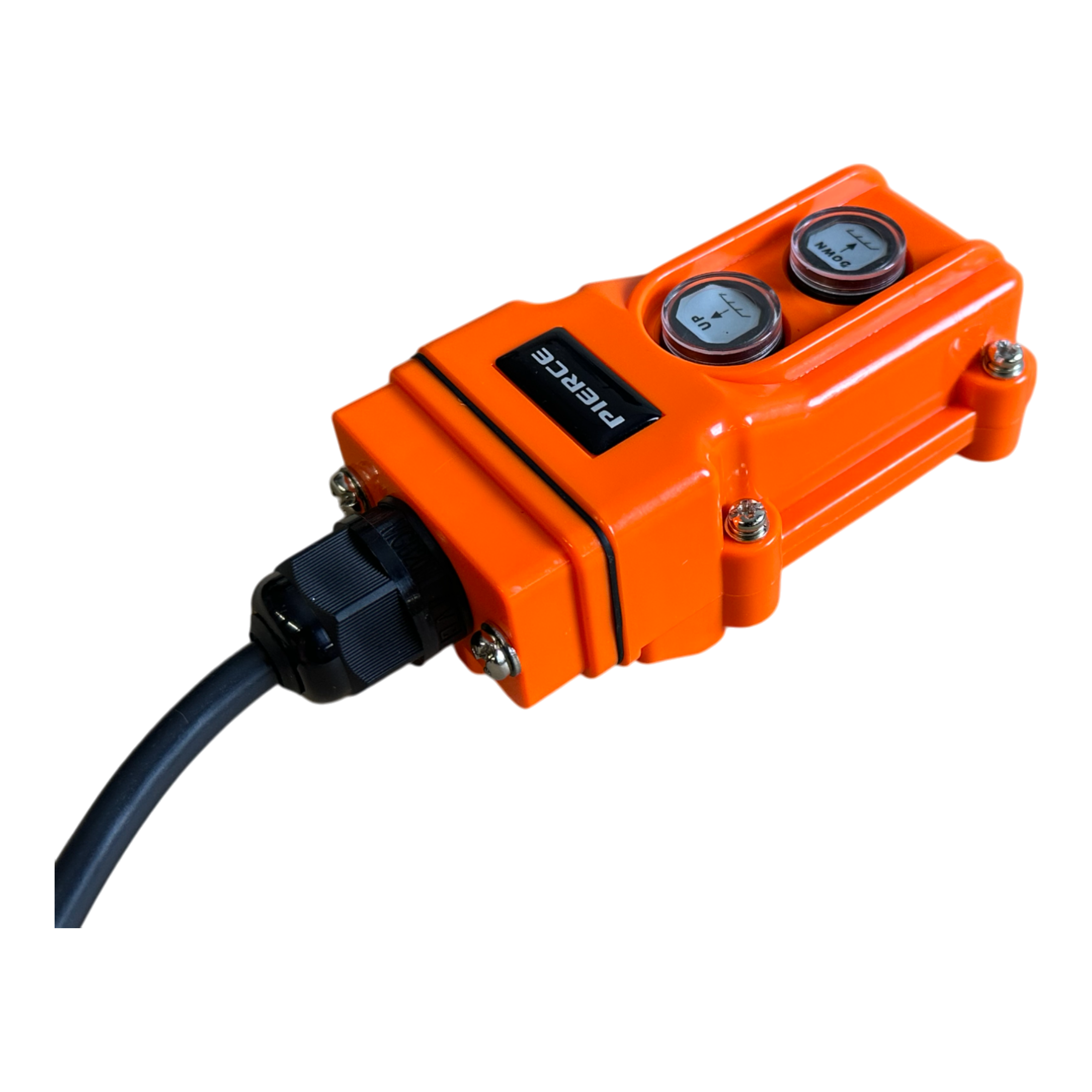 The PIERCE 2 Function Momentary Hard-Wired Control Pendant, with its distinct orange design, includes two dials and a 15-foot connector cable, making it perfect for industrial applications. This pendant ensures precise control in demanding environments.