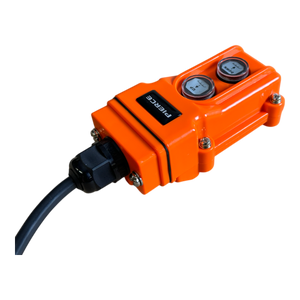 The PIERCE 2 Function Momentary Hard-Wired Control Pendant, with its distinct orange design, includes two dials and a 15-foot connector cable, making it perfect for industrial applications. This pendant ensures precise control in demanding environments.