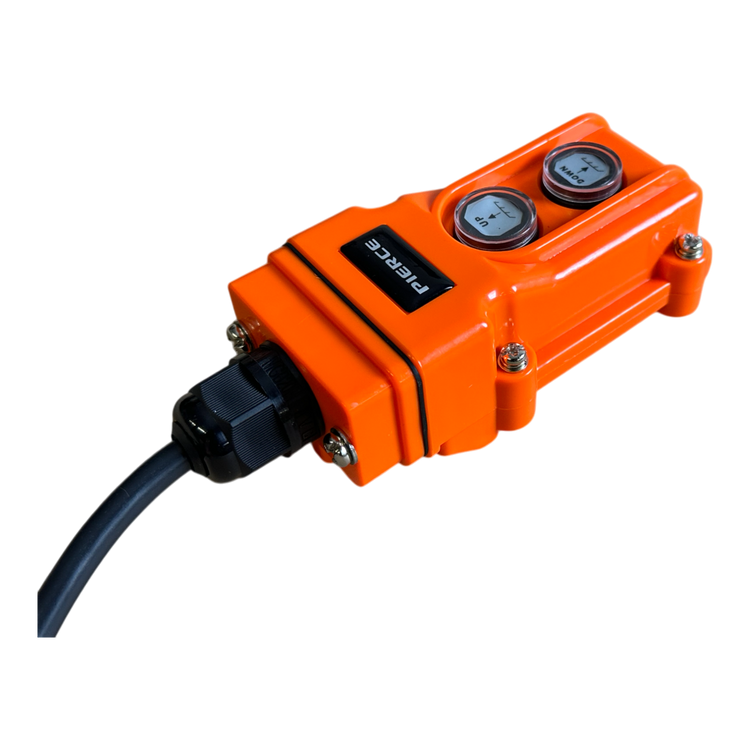 The PIERCE 2 Function Momentary Hard-Wired Control Pendant, with its distinct orange design, includes two dials and a 15-foot connector cable, making it perfect for industrial applications. This pendant ensures precise control in demanding environments.