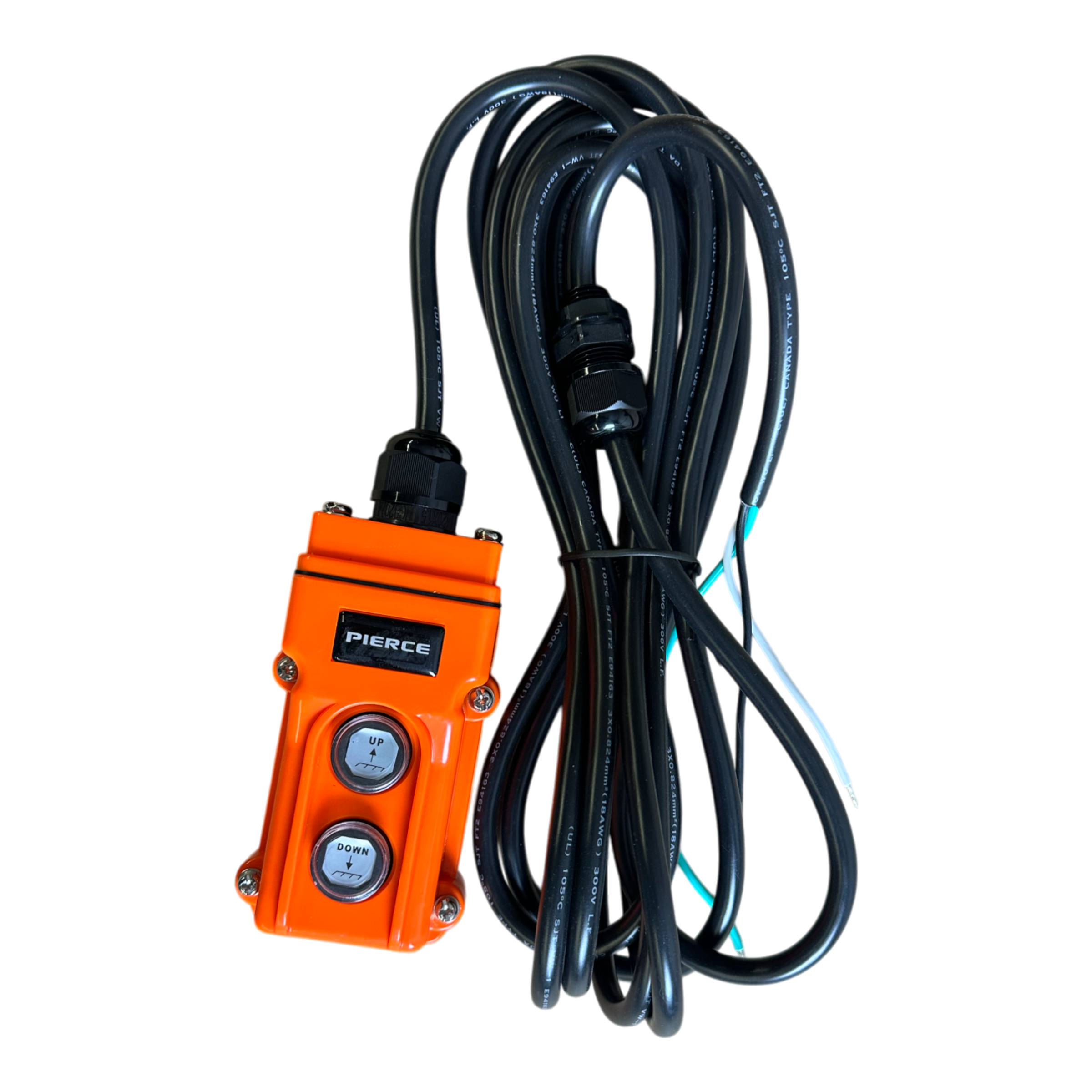 The PIERCE 2 function Momentary Hard-Wired Control Pendant, with its vibrant orange design, includes UP and DOWN buttons for precise control. Accompanied by a neatly coiled 15 ft. black cable, it is perfect for industrial applications.