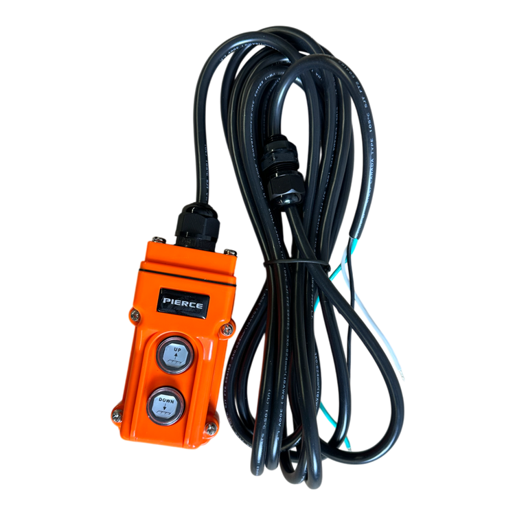 The PIERCE 2 function Momentary Hard-Wired Control Pendant, with its vibrant orange design, includes UP and DOWN buttons for precise control. Accompanied by a neatly coiled 15 ft. black cable, it is perfect for industrial applications.