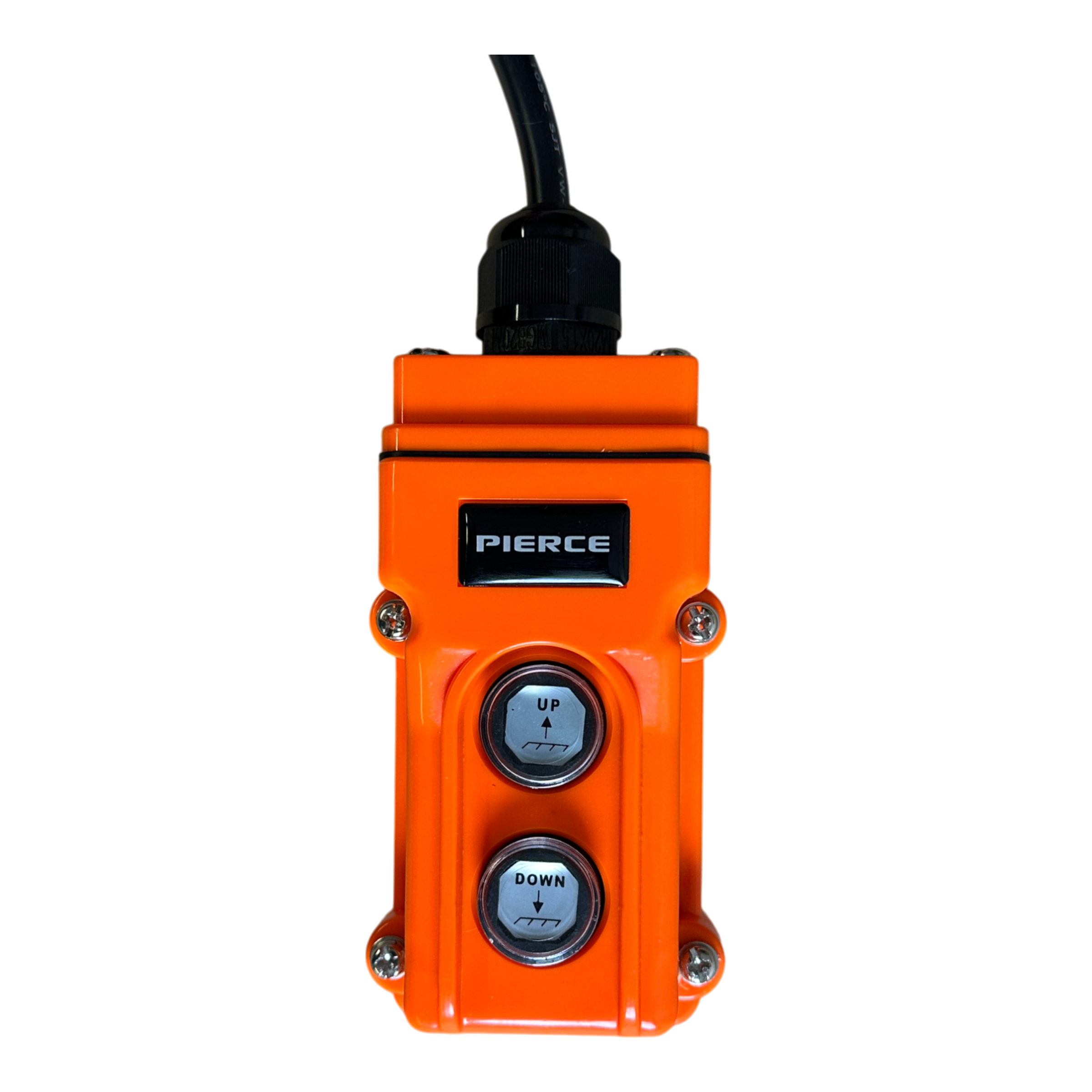 The PIERCE 2 function Momentary Hard-Wired Control Pendant, boasting a 15 ft. cord, is perfect for industrial applications with its UP and DOWN buttons. The top-positioned cable ensures precise control in demanding environments.