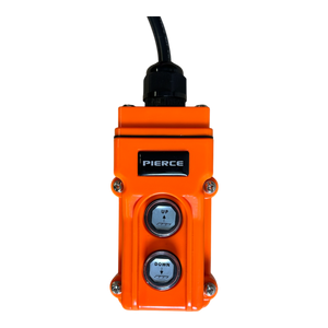 The PIERCE 2 function Momentary Hard-Wired Control Pendant, boasting a 15 ft. cord, is perfect for industrial applications with its UP and DOWN buttons. The top-positioned cable ensures precise control in demanding environments.