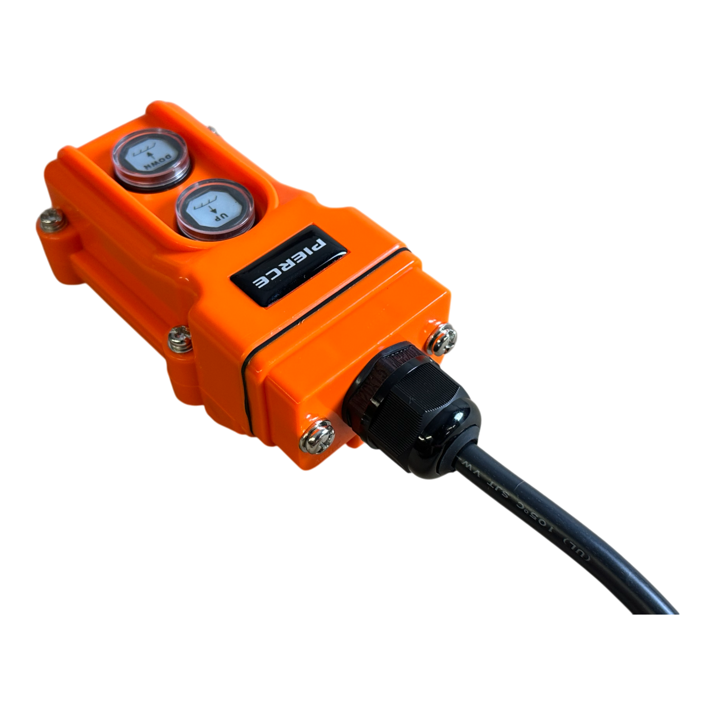 The PIERCE 2 Function Momentary Hard-Wired Control Pendant with a 15 ft. cord is an orange electrical device featuring two dials on top. Ideal for industrial applications, it provides precise control in demanding environments.