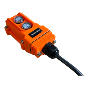 The PIERCE 2 Function Momentary Hard-Wired Control Pendant with a 15 ft. cord is an orange electrical device featuring two dials on top. Ideal for industrial applications, it provides precise control in demanding environments.