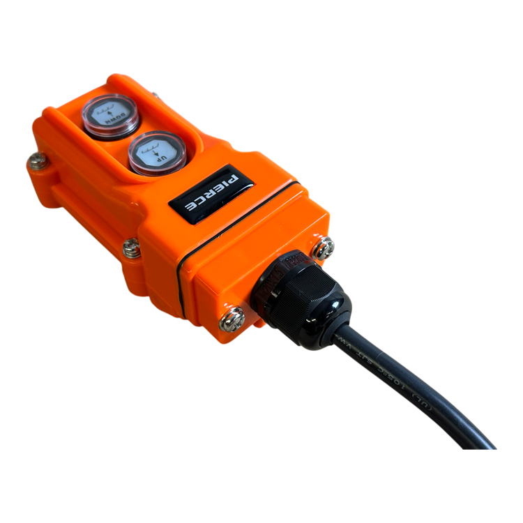 The PIERCE 2 Function Momentary Hard-Wired Control Pendant with a 15 ft. cord is an orange electrical device featuring two dials on top. Ideal for industrial applications, it provides precise control in demanding environments.