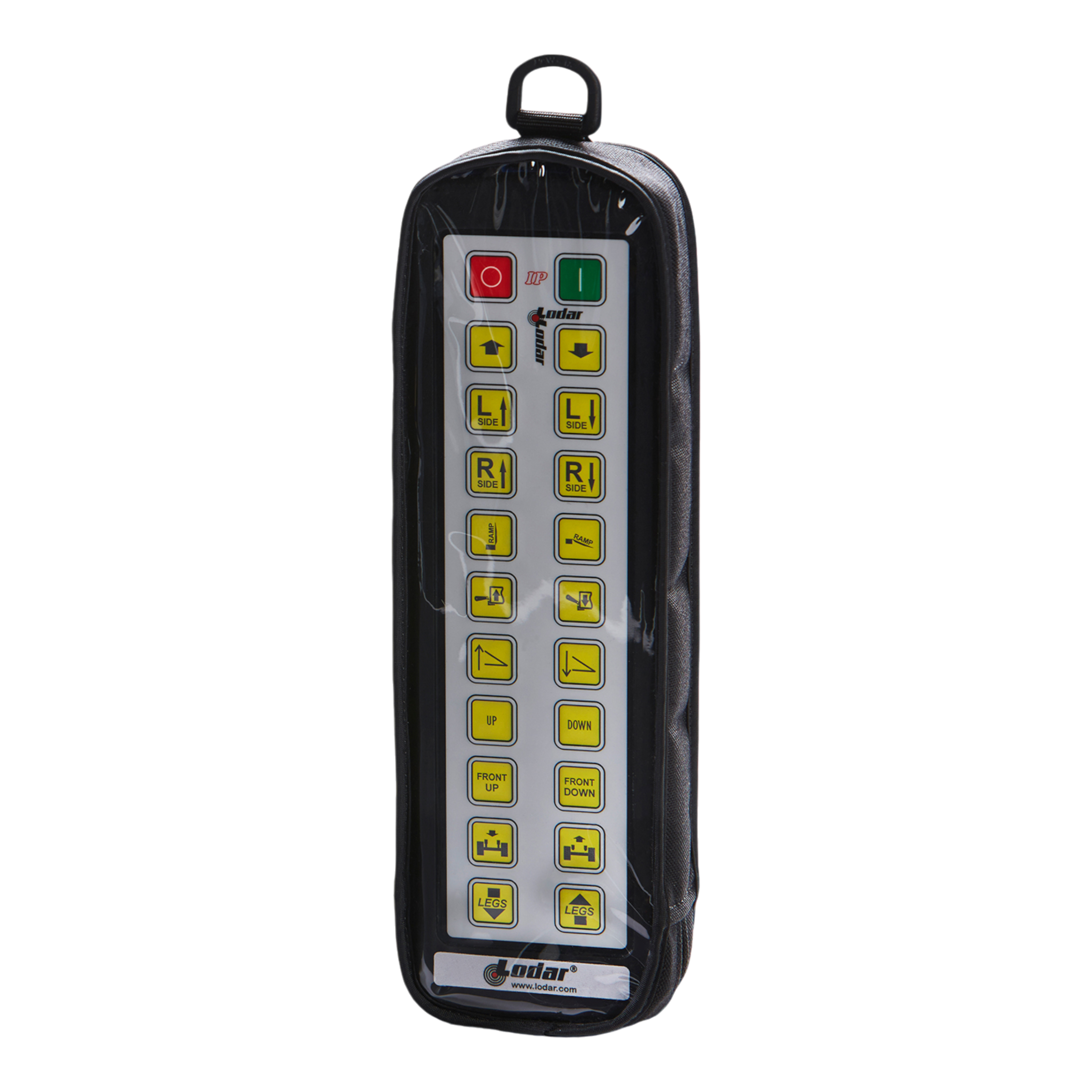 The product from Lodar LTD is a black Lodar Transmitter, a handheld remote control equipped with multiple yellow buttons and sheltered by a durable fabric cover, as part of the 92 93 IP Series.