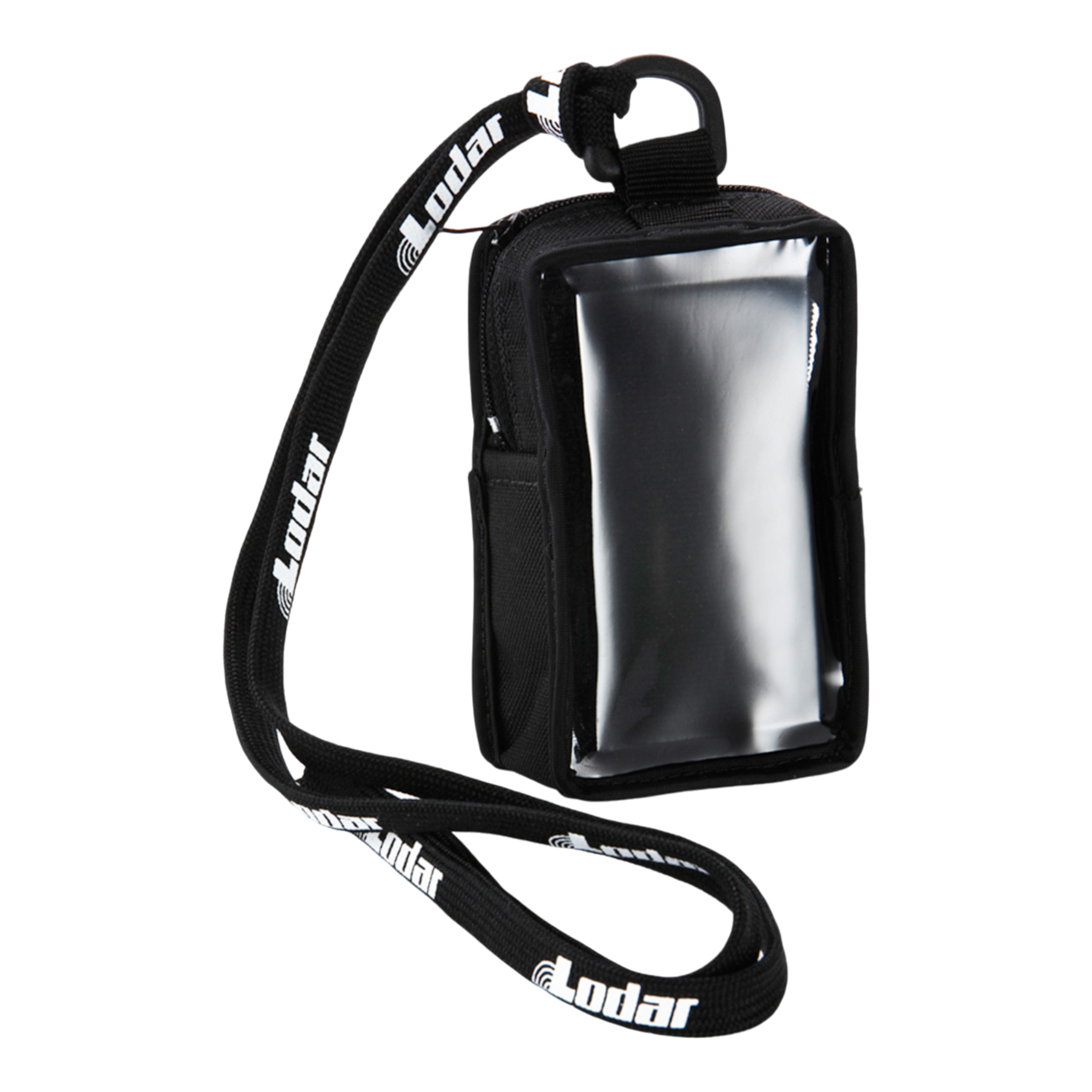 A durable Lodar LTD Controls Cover, featuring a black fabric exterior with a clear front and an attached branded lanyard, provides reliable protection for your belongings.