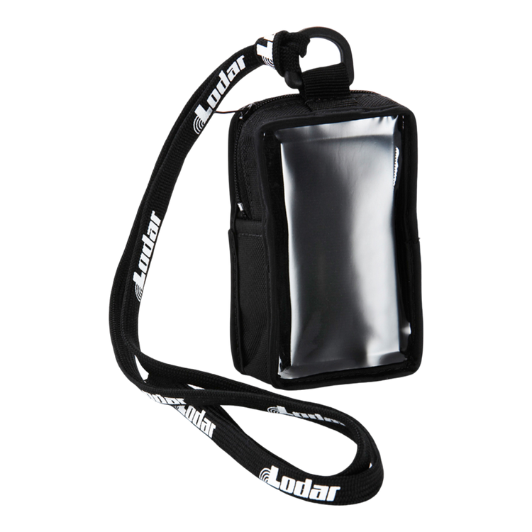 A durable Lodar LTD Controls Cover, featuring a black fabric exterior with a clear front and an attached branded lanyard, provides reliable protection for your belongings.