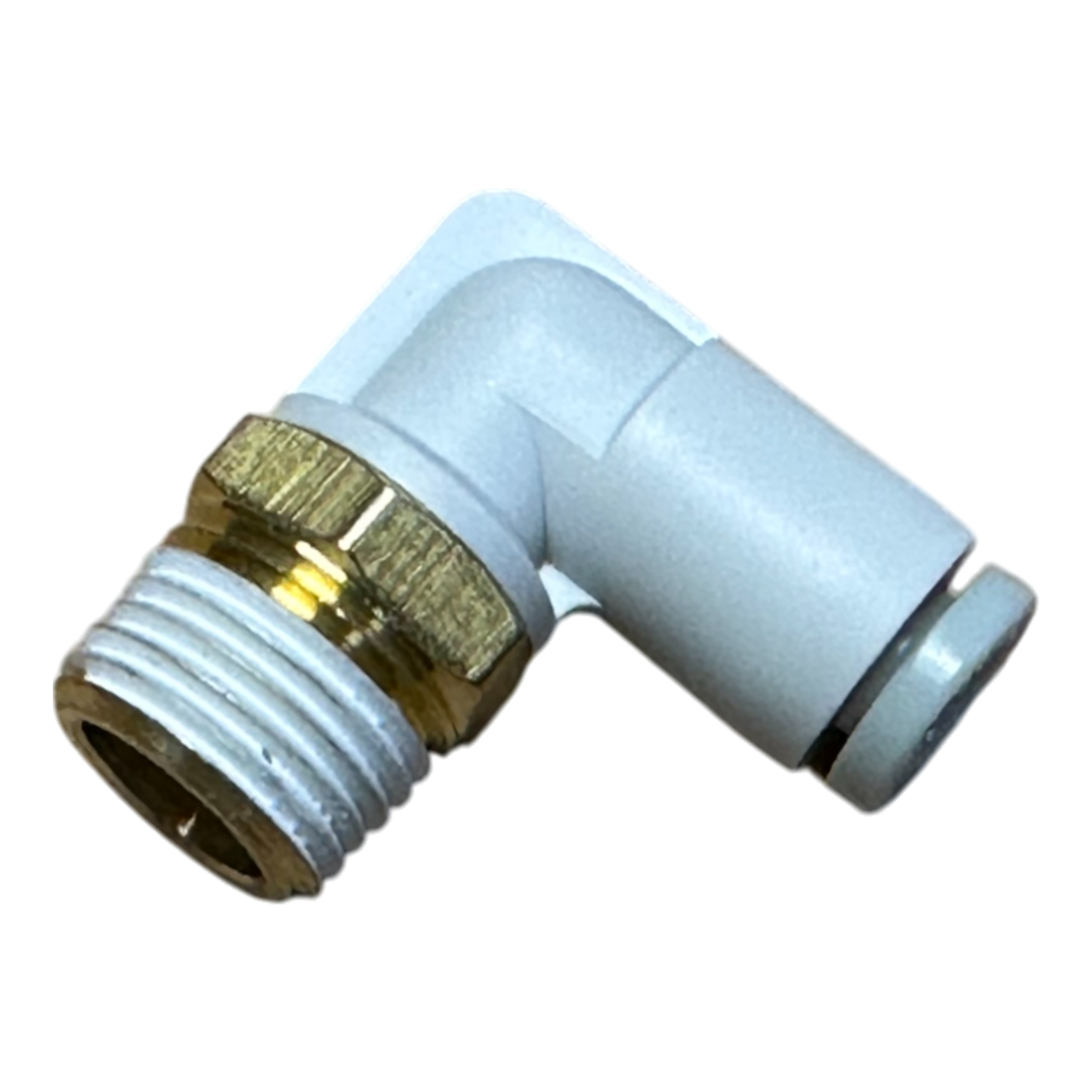 A brass and white plastic elbow connector with a threaded end from Motion Industries Inc., featuring the Controls | Fitting | Elbow | Air product, set against a black background.