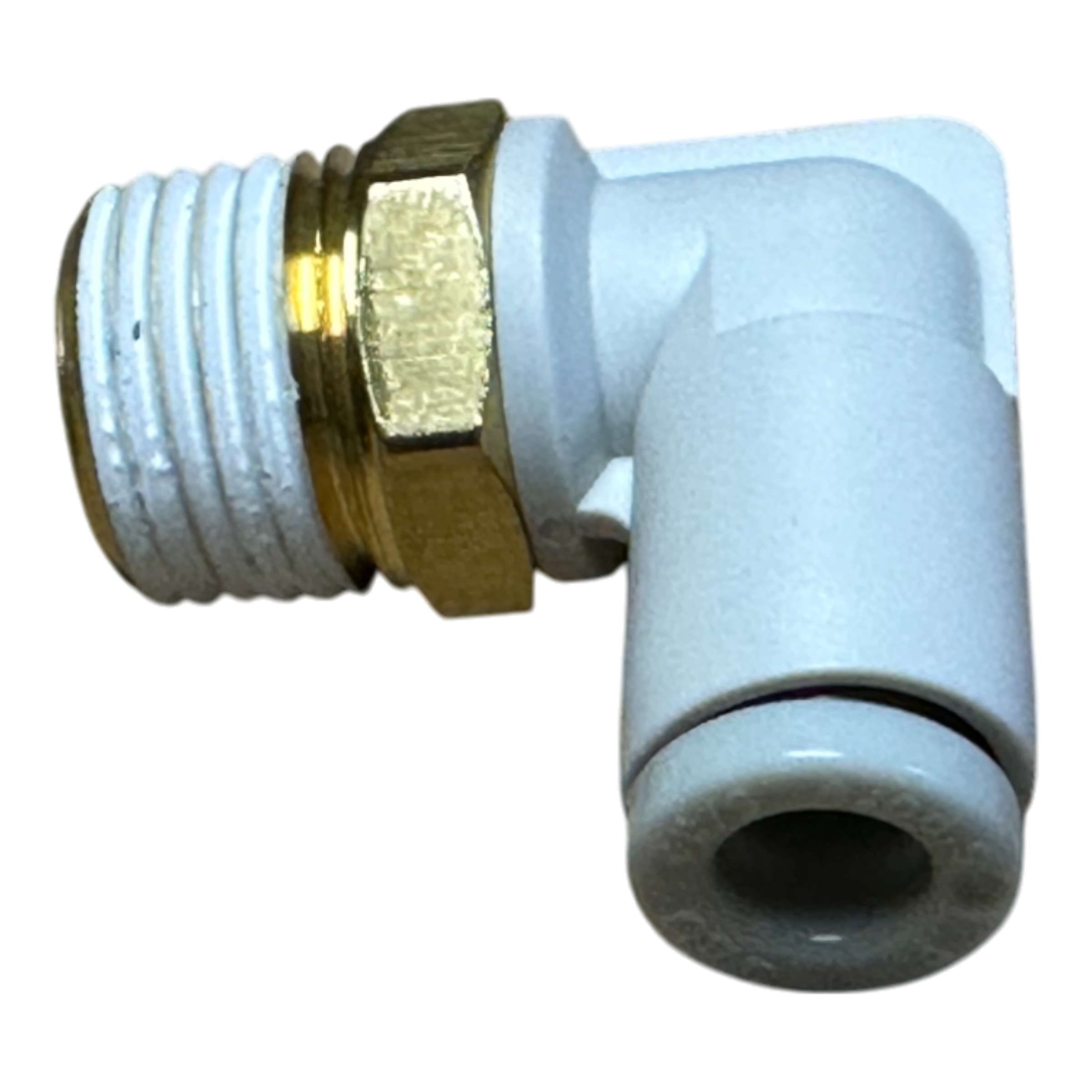 A brass and plastic elbow fitting for plumbing, featuring threaded connections, presented against a black background. This product is part of the Controls | Fitting | Elbow | Air line by Motion Industries Inc.