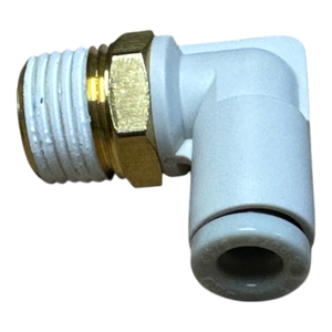 A brass and plastic elbow fitting for plumbing, featuring threaded connections, presented against a black background. This product is part of the Controls | Fitting | Elbow | Air line by Motion Industries Inc.