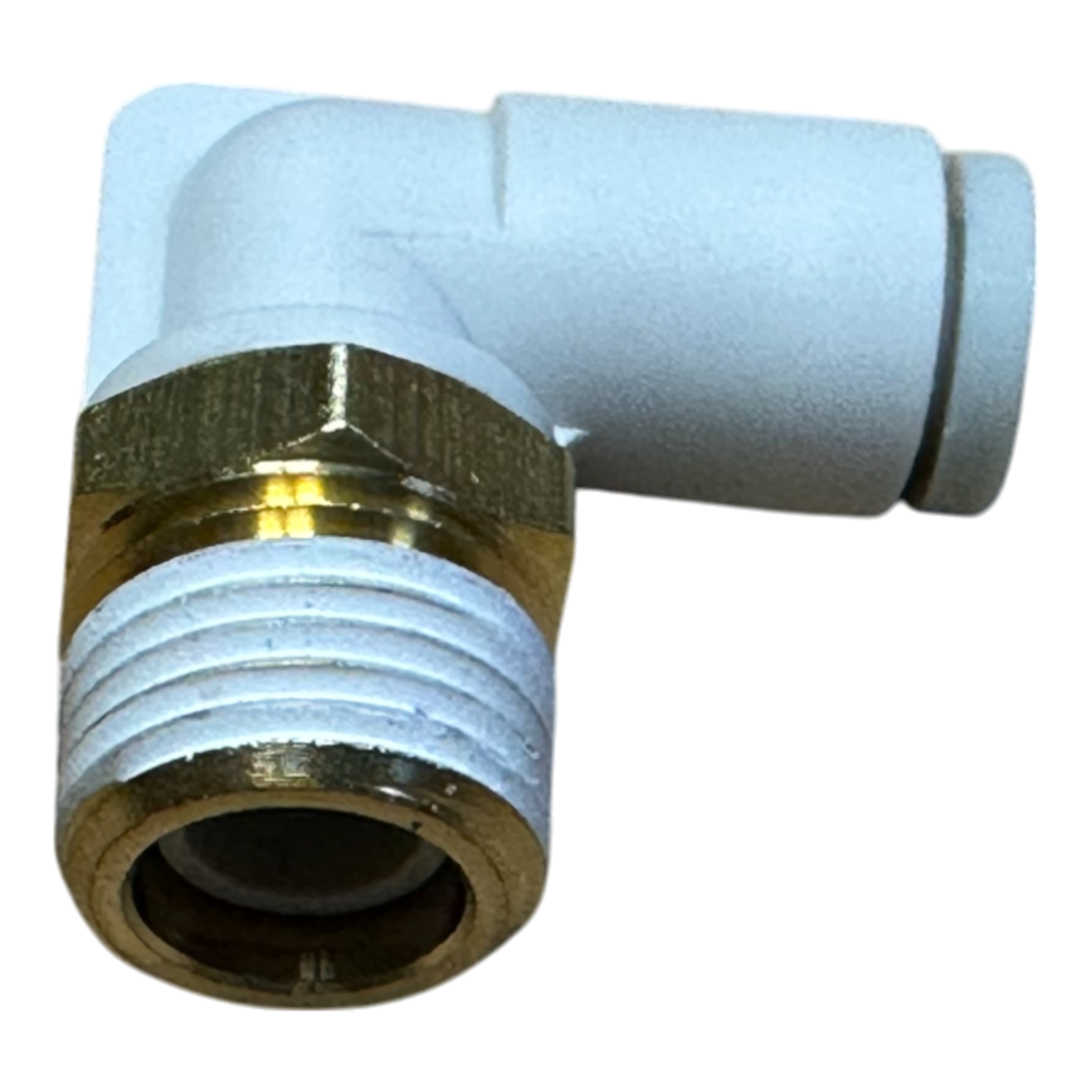 A white plastic elbow fitting with a metallic threaded end by Motion Industries Inc.