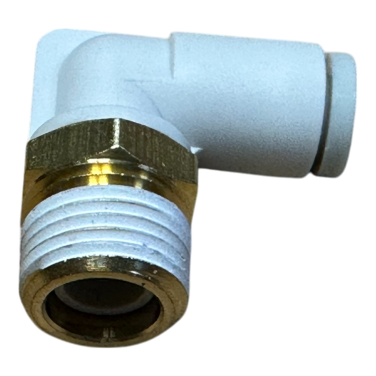 A white plastic elbow fitting with a metallic threaded end by Motion Industries Inc.