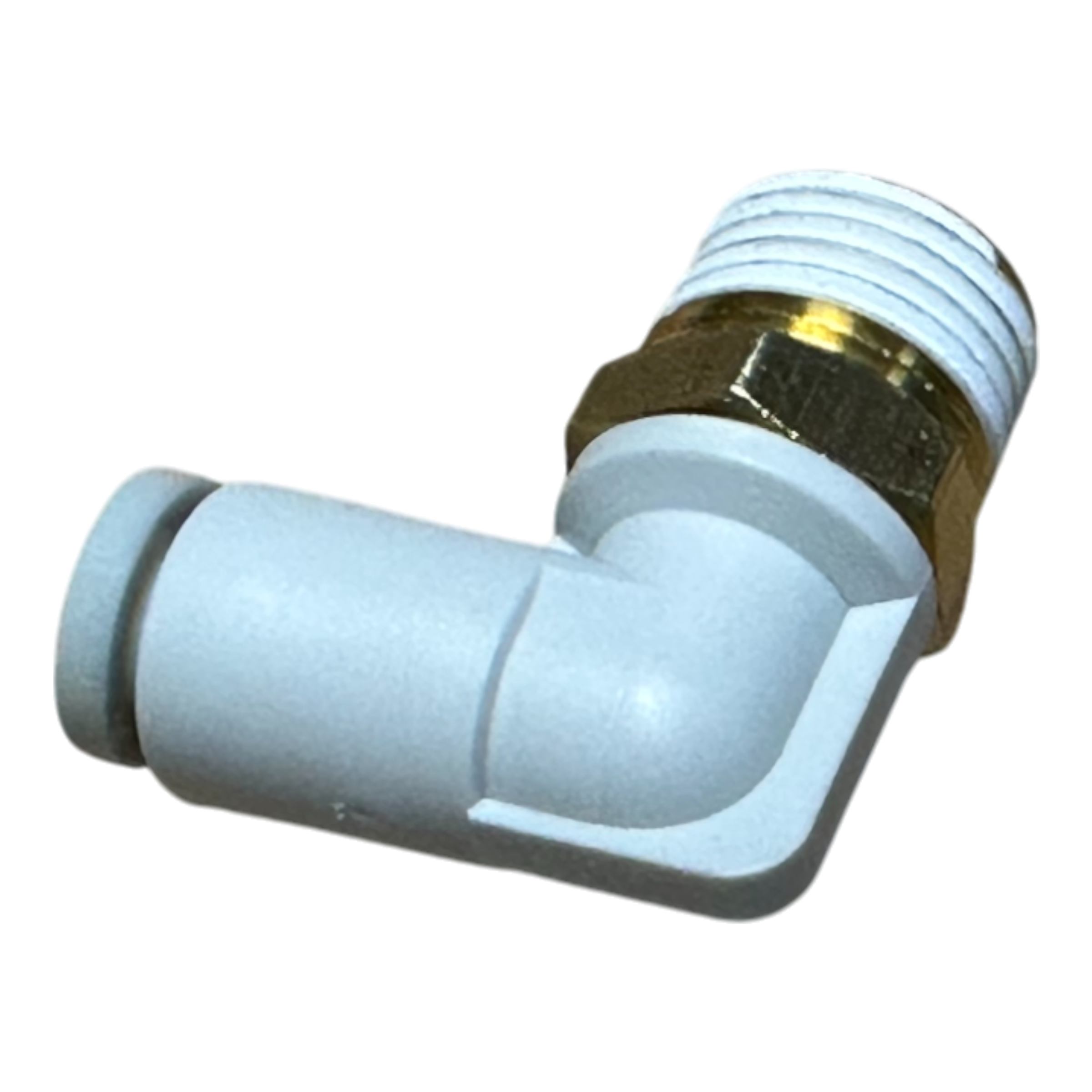 A white air elbow pipe fitting featuring a threaded brass connection from Motion Industries Inc.