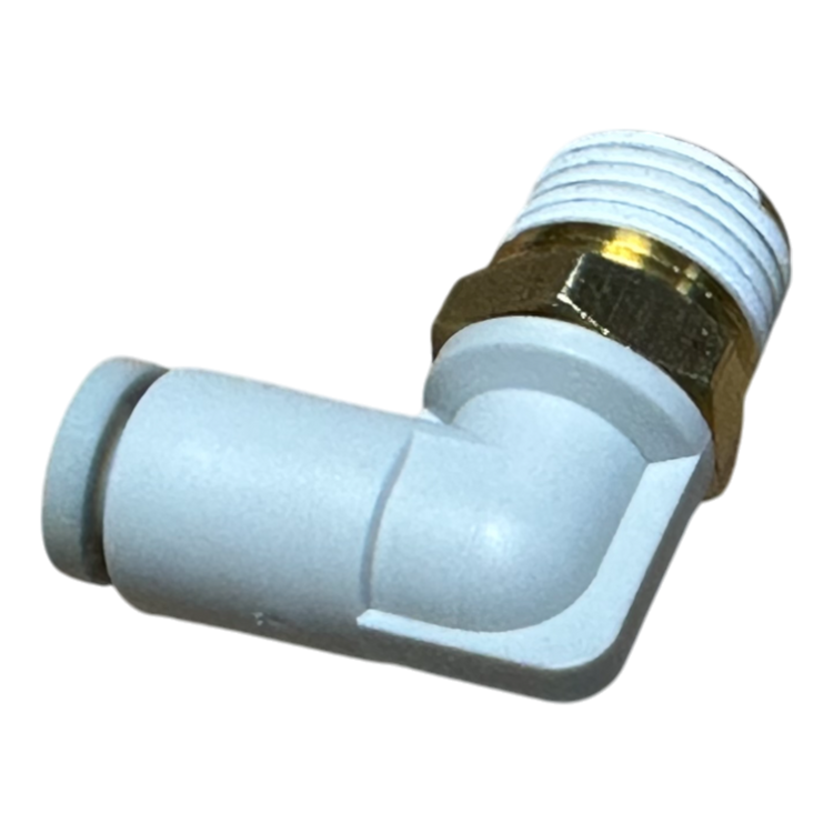 A white air elbow pipe fitting featuring a threaded brass connection from Motion Industries Inc.