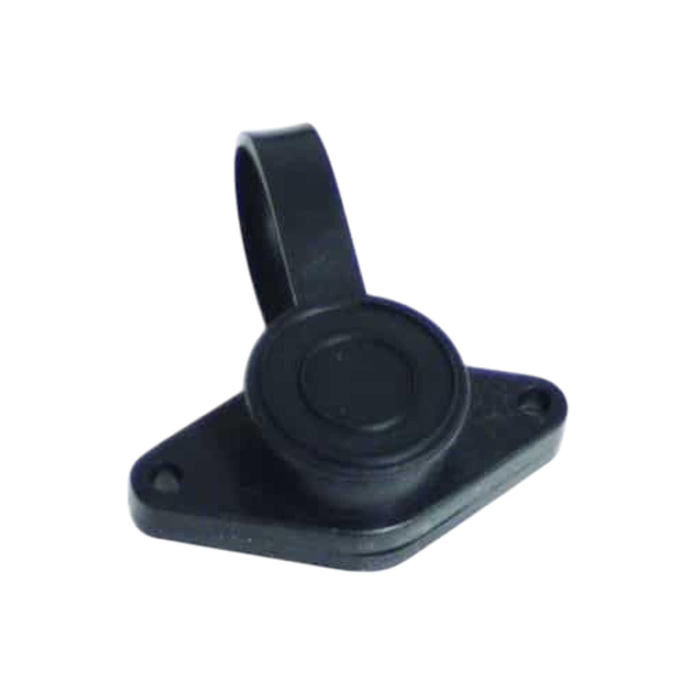 A black plastic security tag with a circular lock mechanism, echoing the precision of PIERCEs Electric Planetary Winches Plug Style 1.