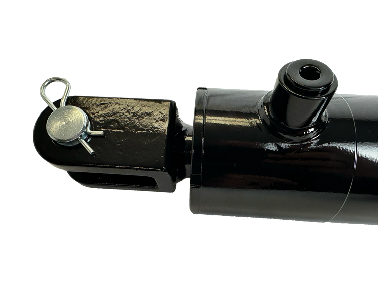 Close-up of the PIERCE Welded Cylinder, featuring a 3-inch bore diameter and 16-inch stroke, with a locking pin against a black background, designed to handle pressures up to 3000 psi.