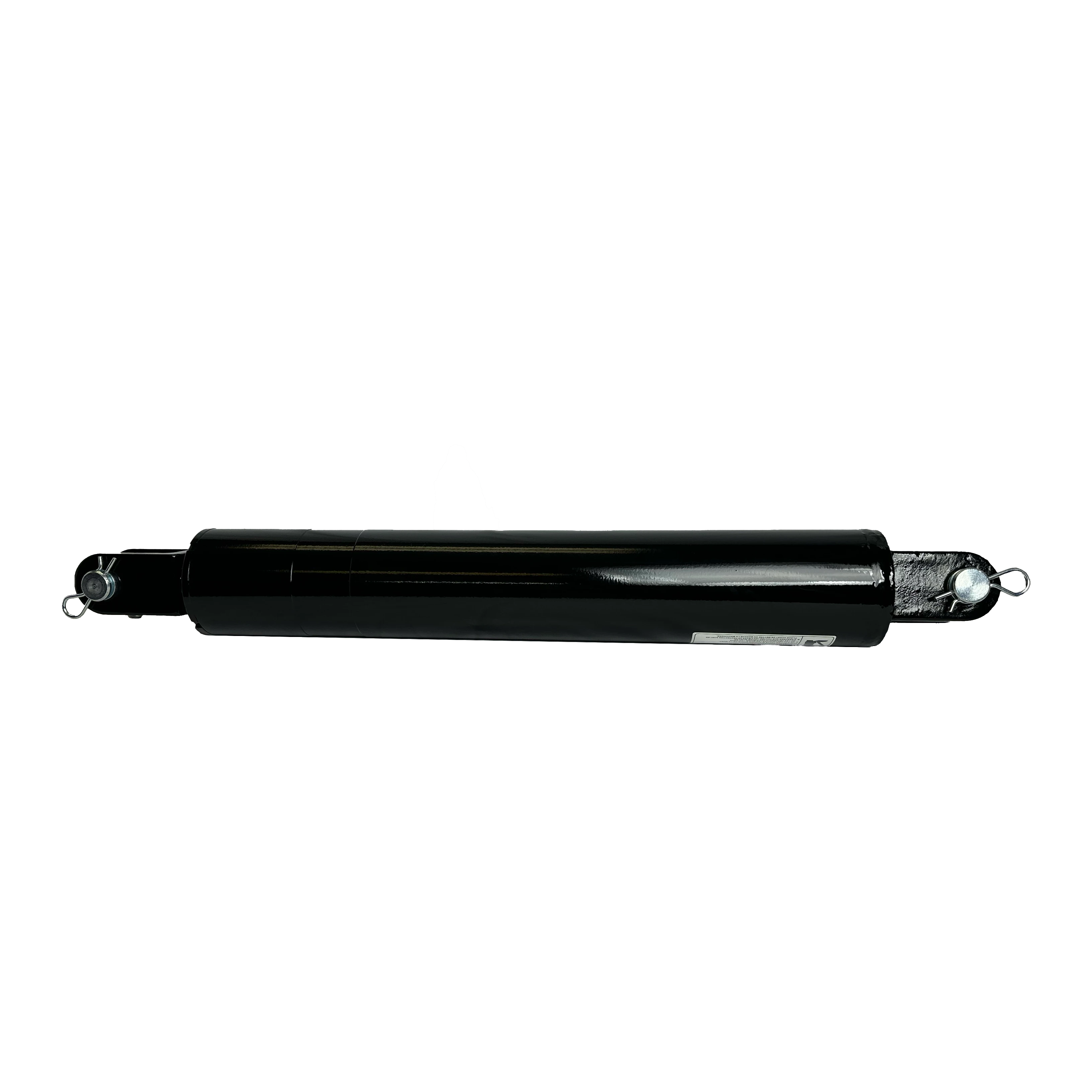 A PIERCE Welded Cylinder, featuring a 3-inch bore diameter and a 16-inch stroke, showcases its black design with silver loops on both ends, ideal for 3000 psi applications, standing out against the dark background.