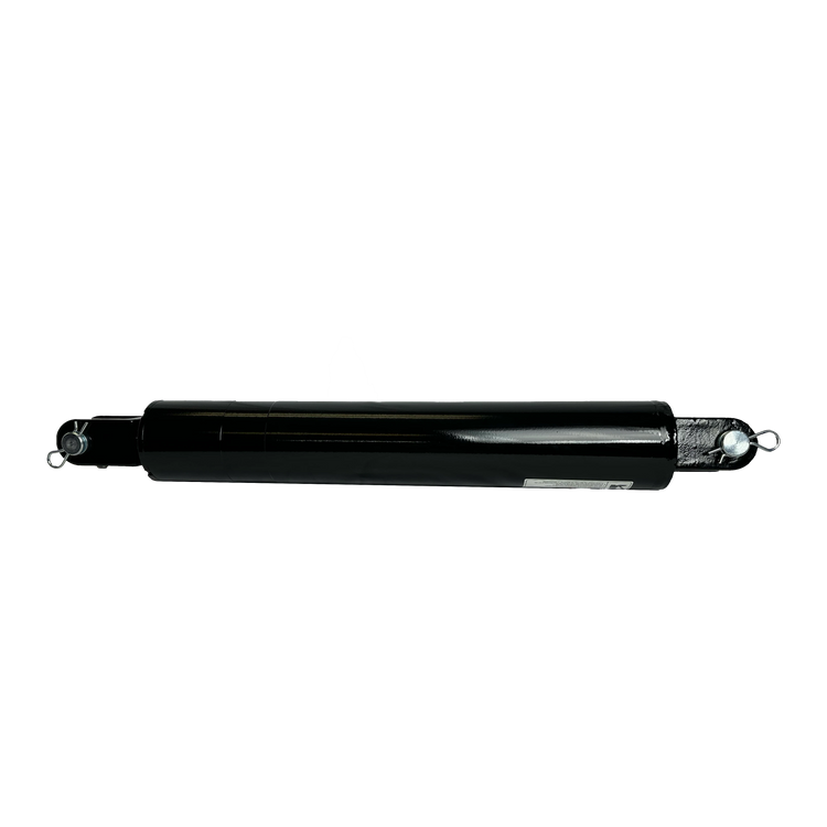 A PIERCE Welded Cylinder, featuring a 3-inch bore diameter and a 16-inch stroke, showcases its black design with silver loops on both ends, ideal for 3000 psi applications, standing out against the dark background.