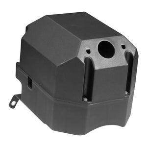 Black mechanical cover with multiple angles and screw holes, featuring a central top opening. This replacement part is the Housing for Solenoid by PIERCE, crucial for ensuring the smooth operation of electric planetary winches.