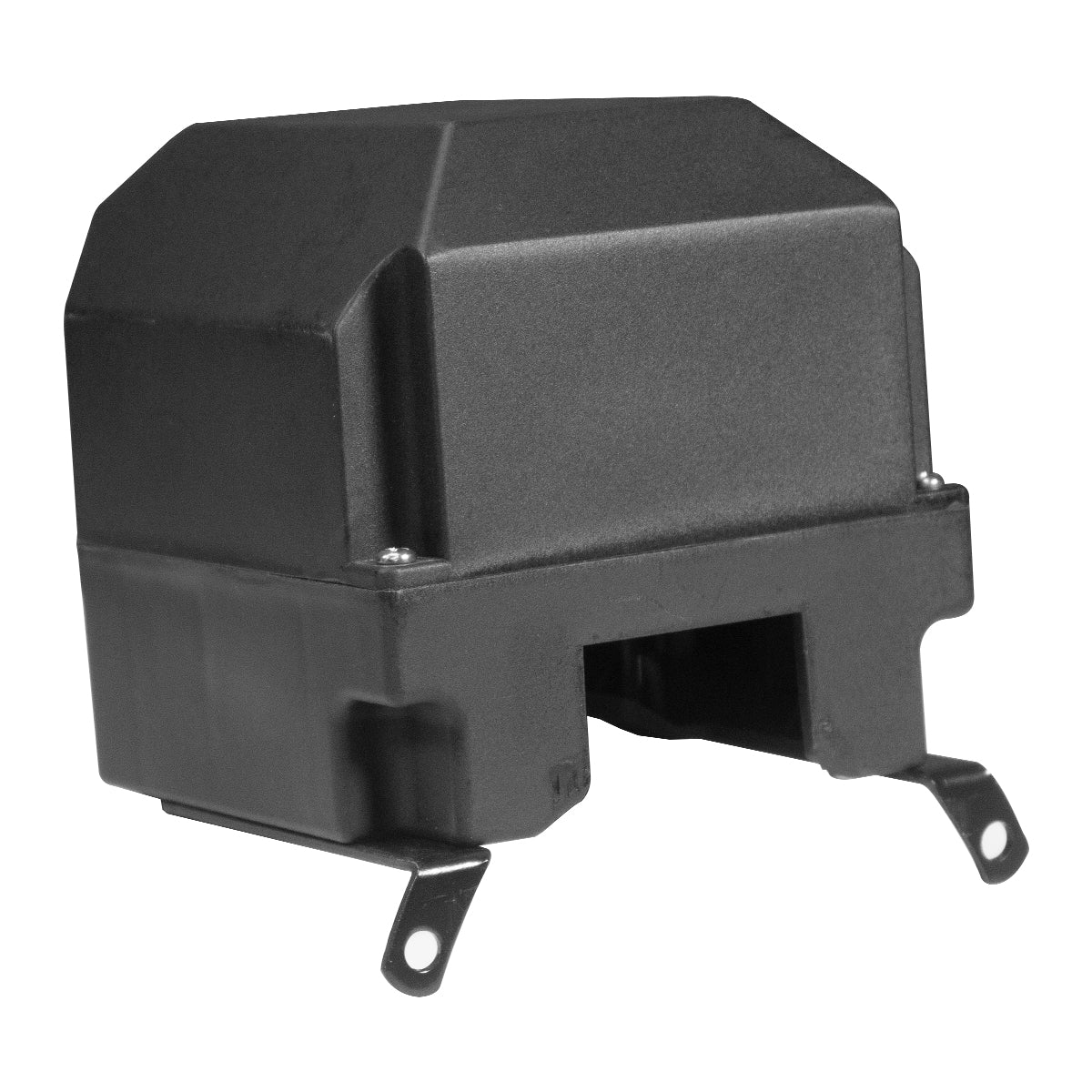 The black Housing for Solenoid by PIERCE, featuring mounting brackets on each side, is the ideal replacement part for winch solenoid housing in PIERCE electric planetary winches.